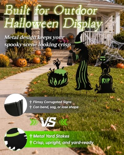 Halloween Decorations Outdoor - 3 Pack Metal Witch Yard Stakes with Solar Lantern, Glow in The Dark Tombstone, Black Cat & Cauldron for Garden Yard Lawn Porch Decor