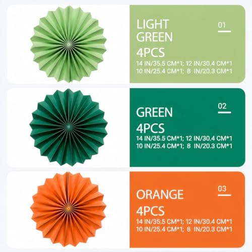 Paper Round Fan Set (12 Pcs) - 8/10/12/14 Inch Grass Green, Dark Green, Orange Hanging Paper Fans for Graduation, Birthday, Sports Party, Classroom, Baseball Party, Shop Window Decor