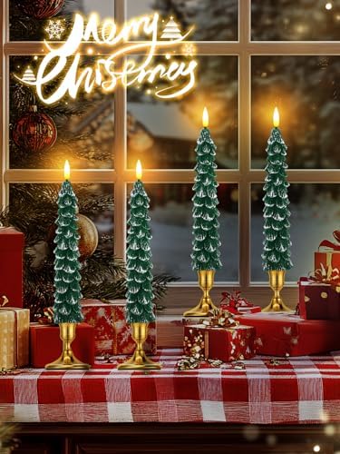 4 Pack Christmas Tree Candles - Real Wax Flameless Taper Candles, 9.7in Green Candlesticks for Christmas Home Table Fireplace Decorations Party Supplies
