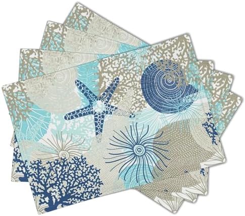 Nautical Coastal Placemats Set of 4 18x12 Inch Summer Beach Themed Linen Place Mats Heat-Resistant Washable Wipeable Beachy Seashell Table Mat for Party Kitchen Dining Room Dinner Table Decor