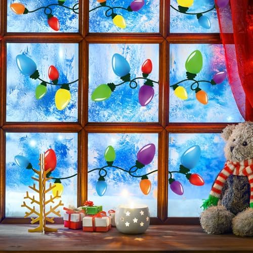 Cinrobiye 172 Pcs Christmas Window Clings Snowflake Decals Winter Wonderland Stickers Reindeer Snowman Elk Snowball for Holiday Home Decor, 9 Sheets (Bulb Light)