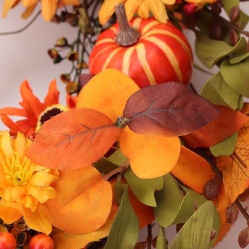 Artificial Fall Wreath 22 Inch Fall Wreaths for Front Door with Orange Pumpkins Berries Daisies Eucalyptus Leaves Autumn Door Wreaths for Thanksgiving Harvest Festival Wall Porch Farmhouse
