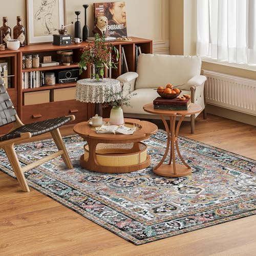 Washable Area Rug 9' x 12' Vintage Traditional Persian Mat - Foldable Distressed Non-Slip Machine Washable Carpet for