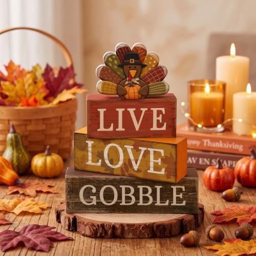 Lineshading 4 Pcs Thanksgiving Wooden Block Signs Turkey Tiered Tray Decor
