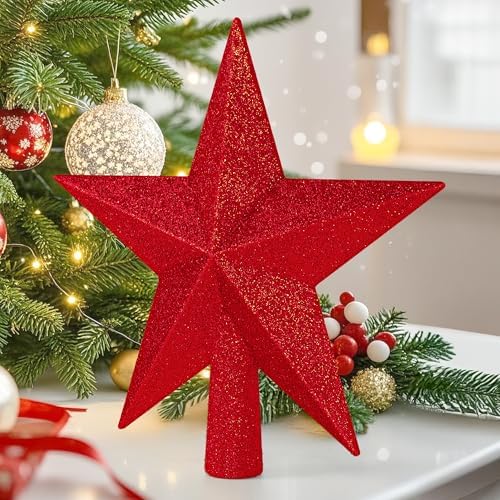 Xmas Star Tree Topper, 8" 3D Glitter Red Christmas Tree Topper Decorations