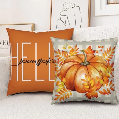 Fall Pillow Covers 24x24 Maple Leaf Pumpkin Farmhouse Decorative Pillow Covers Set of 2 Orange Plaid Autumn Linen Throw Pillow Covers Happy Fall Thanksgiving Pillow Cases for Sofa Home Decor