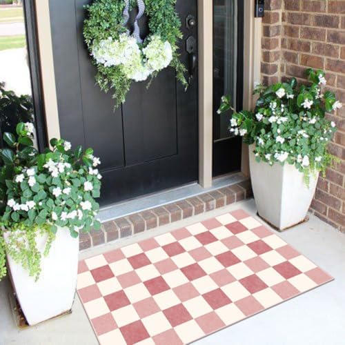 Front Door Mat Outside Entrance - 2x3 Cute Pink White Checkered Rug