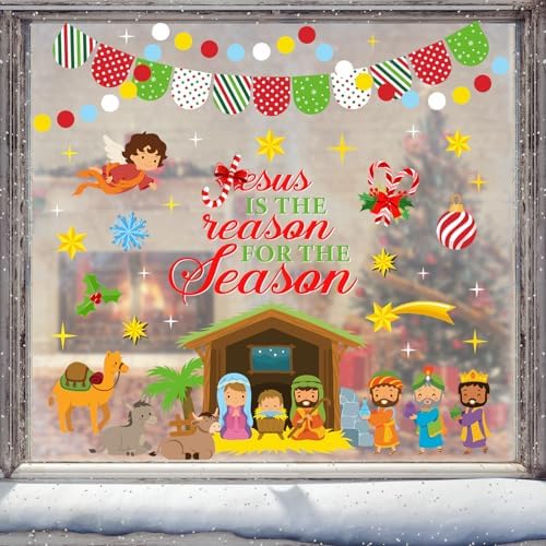 Whaline 9 Sheets Christmas Christian Window Cling Stickers Jesus Nativity Scene Window Decals Xmas Cartoon Reusable Decoration for Holiday Party Home Classroom