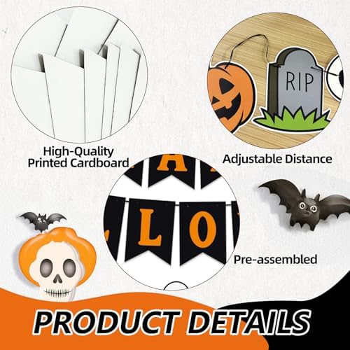 Happy Halloween Banner Garland – Black and Orange Hanging Decoration with Pumpkins, Ghost, Skull, Cat, Witch Hat, Bat, and Spider for Halloween Party, Classroom, Home, Wall, and Photo Booth Decor