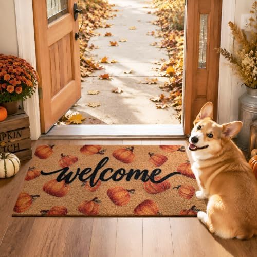 Kelarea Welcome Door Mat Fall Pumpkin, 17" x 29" Non-Slip for Holiday