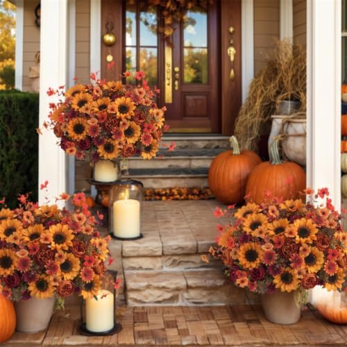 Mixed 5 Pcs Fall Artificial Sunflower Peony Bouquet, Yellow Burgundy Silk Faux Flower, Autumn Faux Floral Arrangements for Wedding Table Centerpiece DIY Thanksgiving Farmhouse Indoor Outdoor Decor