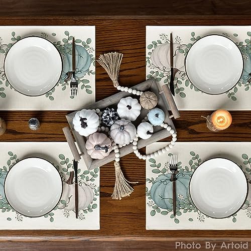 Artoid Mode Pumpkins Eucalyptus Leaves Fall Placemats Set of 6, 12x18 Inch Autumn Thanksgiving Holiday Table Mats for Party Kitchen Dining Decoration