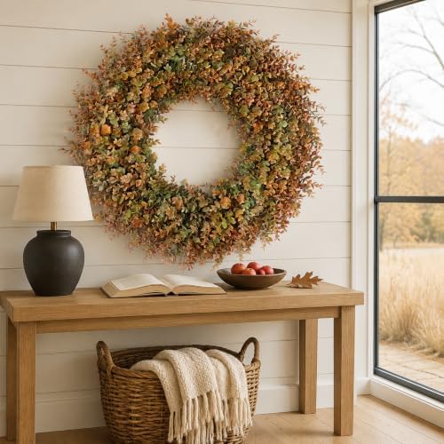 32" Large Fake Eucalyptus Fall Wreath for Front Door Decor(Orange-Green)