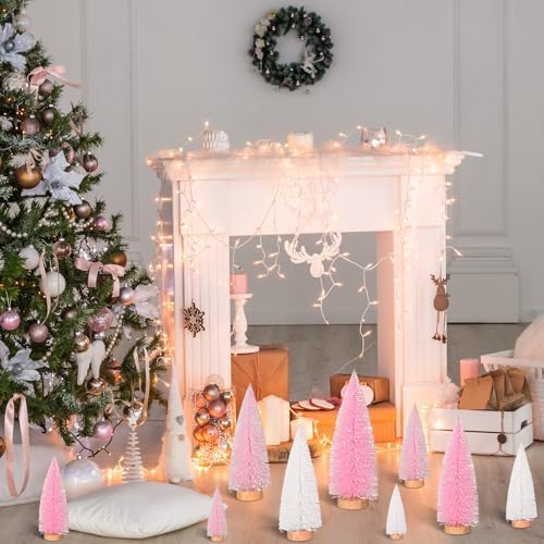 Leyndo 18 Pcs Pink Classic Artificial Mini Christmas Tree with Wood Base