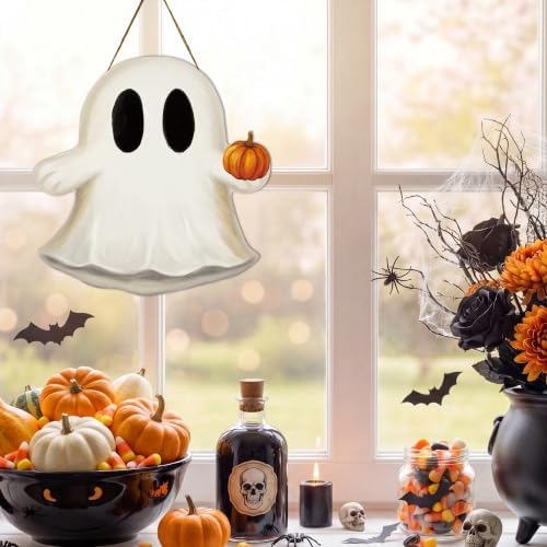 Smile Halloween Wooden Door Hanger with Cute Ghost Design Wall Decor