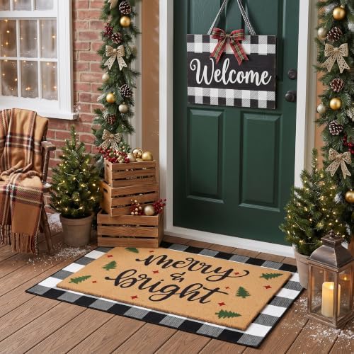 Tinideya 2 Pcs Christmas Door Mat Outdoor Layered Merry Bright Welcome Mat