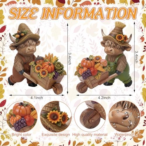 Karenhi 2 Pcs Fall Highland Cow Figurines, Harvest Wheelbarrow Decor