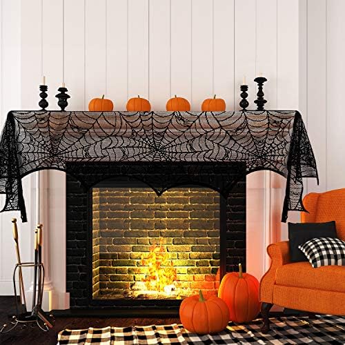 Jovitec Round Lace Table Topper Black Spider Tablecloth and Fireplace Spider Decorations Lace Spiderweb Mantle Scarf Cover for Halloween Window, Dinner Party, Festival Party, Scary Movie Nights