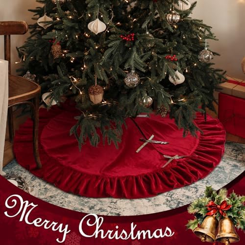 Velvet Christmas Tree Skirt, 48 Inches, Bow Style, Red