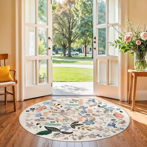 Washable Floral Round Rugs for Bedroom - 4x4 Feet Circle Area Rugs for Living Room Nursery Non-Slip Stain Resistant