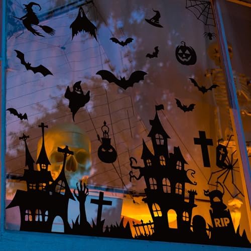 Whaline 6 Sheets Halloween Window Clings Black Castle Graveyard Bat Silhouette Reusable Window Decals for Spooky Holiday Haunted House Home Office School Glass Decor