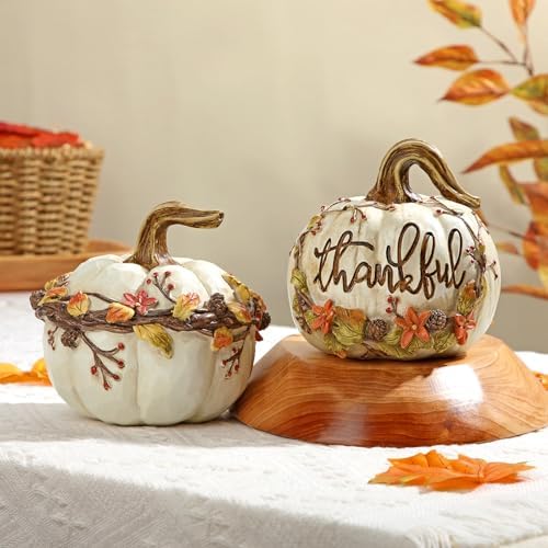 Fall Pumpkin Decor 2Pcs Fake pumpkins White Resin Carved Pumpkin Big Decorative Faux Pumpkins Artificial Pumpkins for Decorating Home Table Farmhouse Mantel Halloween Thanksgiving Harvest Centerpieces