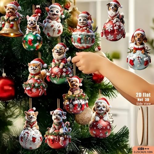 12 Pcs Cute Christmas Ornaments Animal Kitten Puppy Designs Xmas Tree Decoration for Holiday DIY Crafts Mini Christmas Hanging Ornaments 2D Wooden Pendant for Home Indoor Party Gift