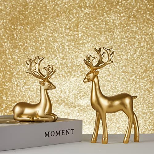 Christmas Decorative Gift 2PCS Deer Sculpture 3D Geometric Deer Ornaments Used to Set Off The Festive Atmosphere Fireplace Dining Table Living Room Decoration (Gold Smooth)