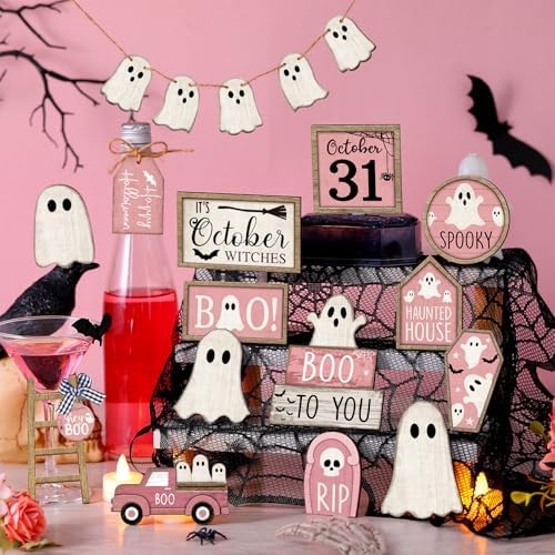 MiniInflat Halloween Tiered Tray Decorations Set, Wood, Ghost, Pink White
