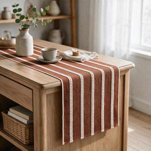 Artoid Mode Caramel Farmhouse Dashed Stripe Table Runner, Seasonal Holiday Fall Boho Rustic Kitchen Dining Table Decoration for Home Party Decor 12x48 Inch