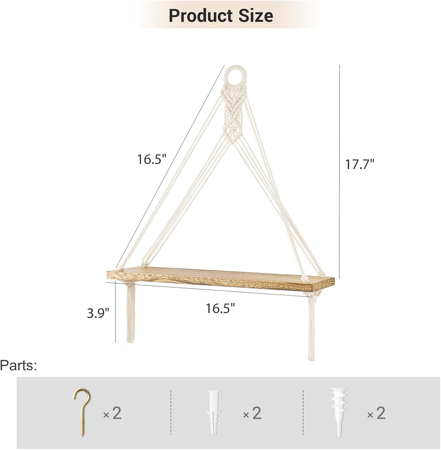 Macrame Hanging Shelves Boho Wall Decor Rustic Wood Floating Storage Shelf / White / Set of 2