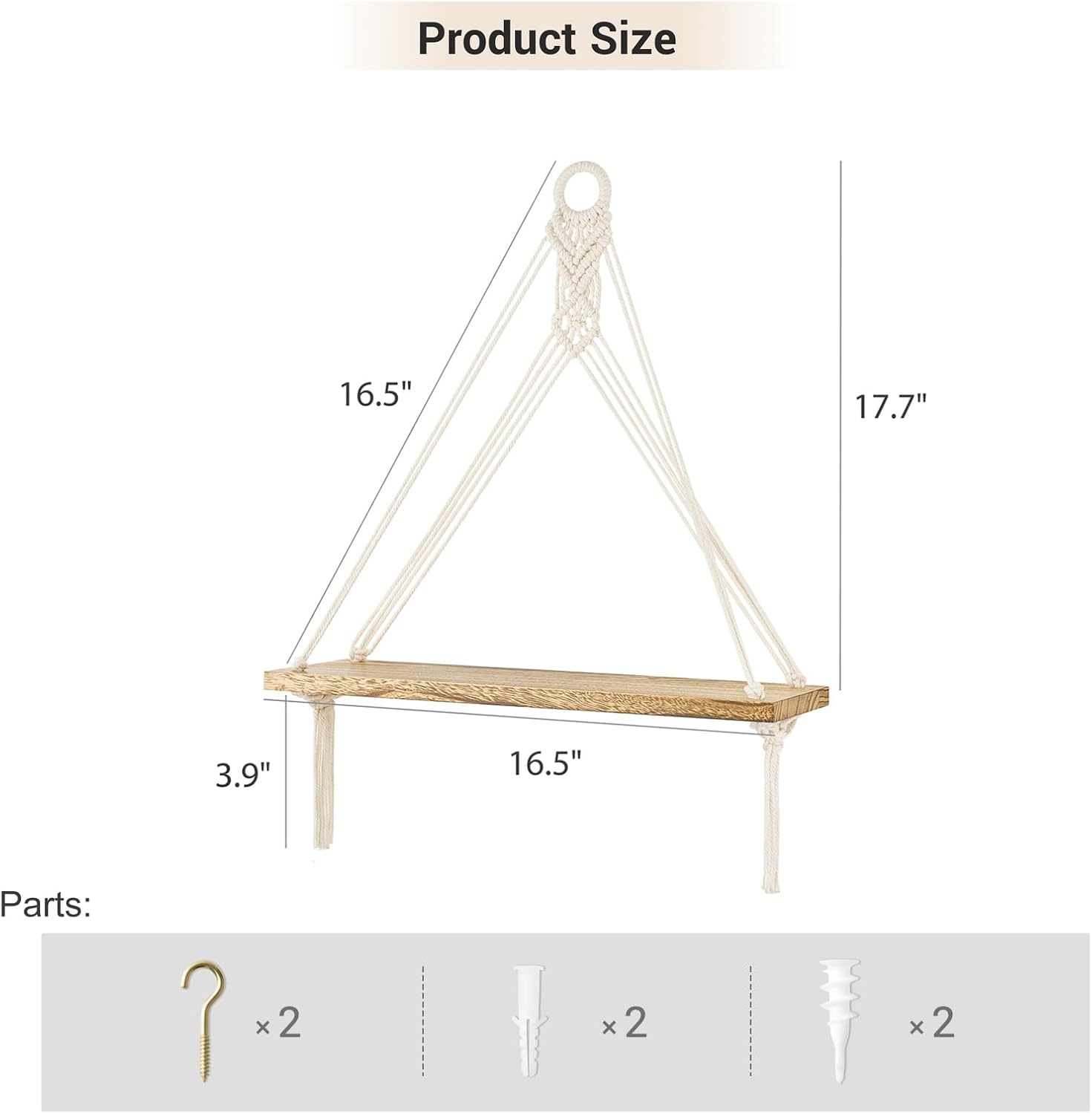 Macrame Hanging Shelves Boho Wall Decor Rustic Wood Floating Storage Shelf / White / Set of 2