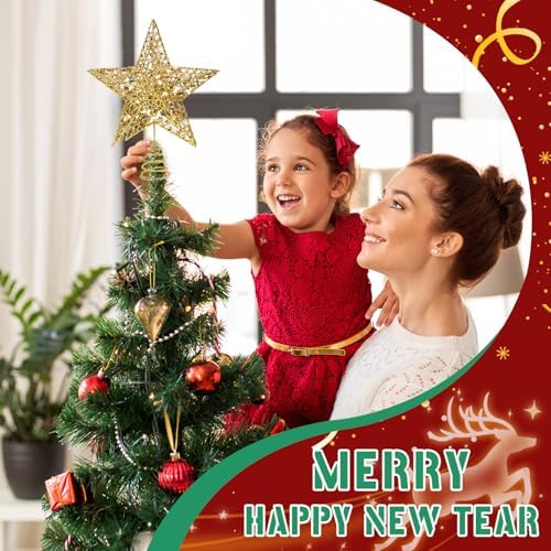Christmas Tree Topper Star Small Gold Christmas Star Metal Glitter Xmas Tree Topper for Pencil Trees Decorations 8 Inch