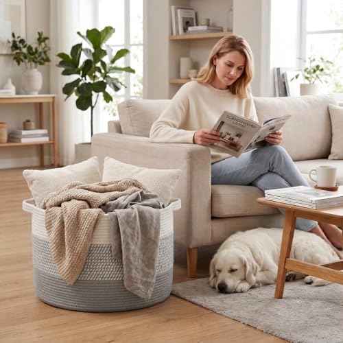 90L Extra Large Blanket Basket,Woven Rope Laundry Basket-Grey