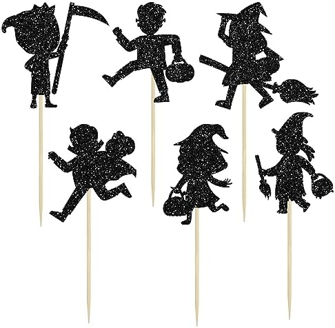 Gyufise 24Pcs Halloween Cupcake Toppers Black Glitter Trick or Treat Halloween Cupcake Pick Decorations for Baby Shower Kids Boys Girls Birthday Party Cake Decorations Supplies
