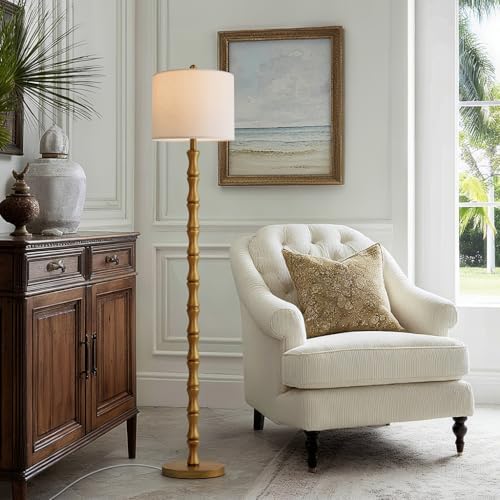 BOBOMOMO 62" Rustic Floor Lamp, Retro Farmhouse Standing Lamp with Rotary Switch, Resin Antique Gold Floor Lamp for