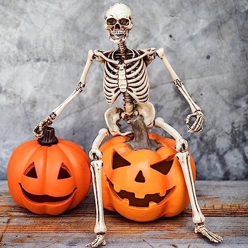Halloween Skeletons Decorations, 16" Posable Plastic Skeleton 5 Packs, Full Body Skeleton Bulk with Movable Joints, Realistic Spooky Scary Skeletons for Outdoor Indoor Halloween Party Haunted House