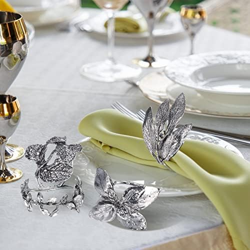 Cunhill 8 Pcs Herb Napkin Rings Set Vintage Leaf Napkin Holders, Silver