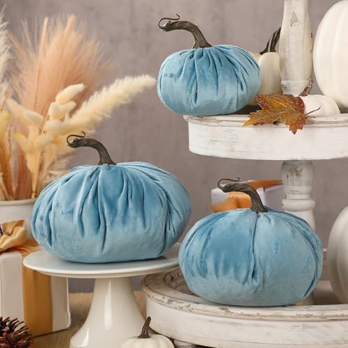 Beeveer 3 Pcs Fall Pumpkins Decor Blue Velvet Farmhouse Decorative