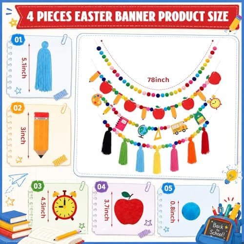 Rattanview 4 Pcs Back to School Classroom Garland First Day of School Decor