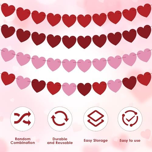 OHOME Valentines Day Decorations - Heart Valentines Garland - 40 Pack Valentine's Day Backdrop Banner Valentine's Day Accessories Party Favors for Door Wall Classroom School Home-Valentines Day Decor