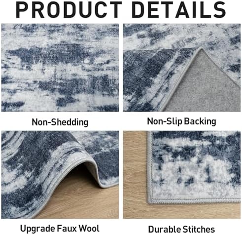 5x7 Area Rugs for Living Room: Washable Abstract Blue Grey Badroom Carpet