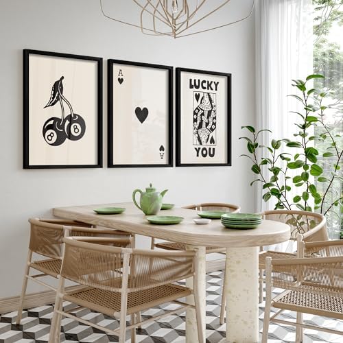 Heiple Framed Set of 3 Poker Wall Art Lucky You Poster, Trendy Retro Print Wall Decor for Queen of Hearts Wall Art