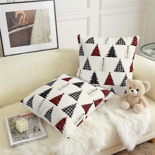 Buffalo Plaid Christmas Tree Pillow Covers 22x22 Set of 2 Red Black and White Xmas Decorative Outdoor Throw Pillow Cases Seasonal Farmhouse Cushion Case Winter Holiday Decor for Sofa Couch