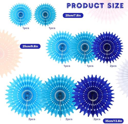 12PCS Paper Fans Blue Party Decorations Tissue Paper Flowers Decorations for Girl Groovy Birthday Baby Shower Wedding Bachelorette Room Wall Hanging Décor
