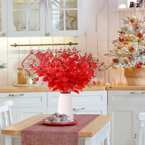 DIYDEC 18Pcs Christmas Artificial Flowers 2 Styles Red Xmas Eucalyptus Stems for Table Centerpieces Faux Eucalyptus Leaves Branches for Christmas Tree Home Party Decoration