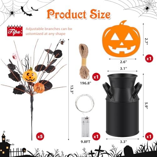 Halloween Table Deocr with 5 Pcs Artificial Pumpkin Eyeballs Eucalyptus Stems Black Iron Vase String Light and Wood Sign Halloween Centerpieces for Indoor Home Party Vase Arrangement Decorations