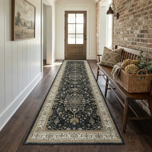 RELEANY Washable Area Rug, Runner 2'x8', Black/Vintage/Beige