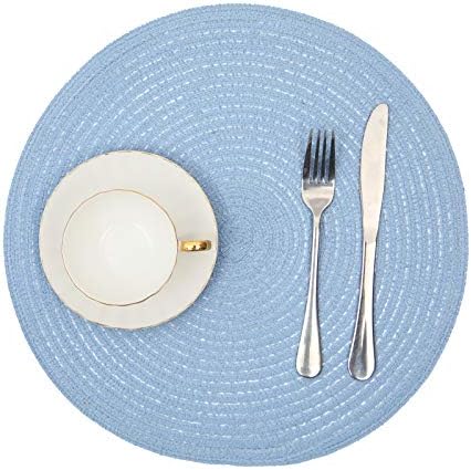 SHACOS Round Braided Placemats Set of 6 Round Table Mats for Dining Tables 15 inch (Light Blue, 6)