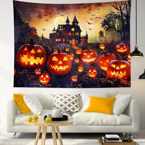 LB Halloween Tapestry Creepy Pumpkin Lantern Bat and Haunted Castle in Misty Forest Wall Tapestry for Bedroom Spooky Night Wall Hanging Tapestry Wall Art for Living Room Home Decor, 92.5 x 70.9 Inches